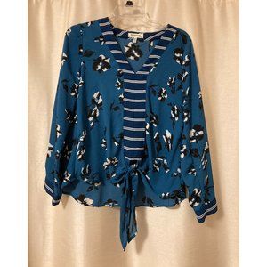 Monteau teal floral interesting blouse with tie